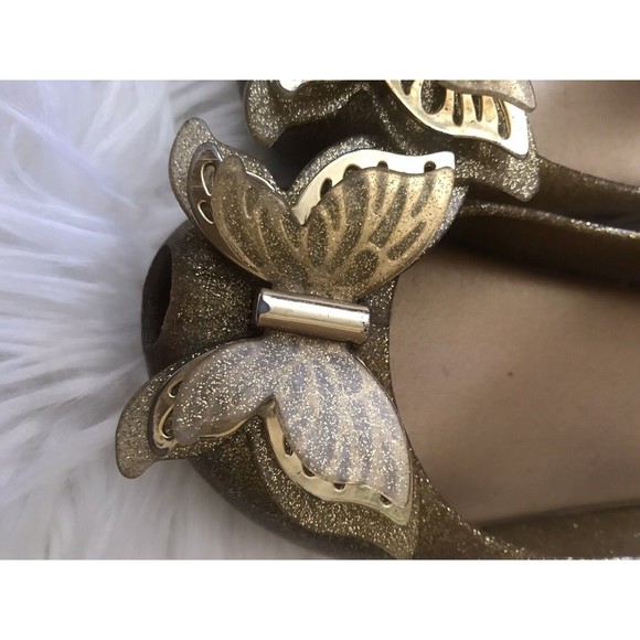 Mini MelissaGold Butterfly on Gold Sparkle Open Toe Mary Jane Cinderella sz 11 - Picture 2 of 7